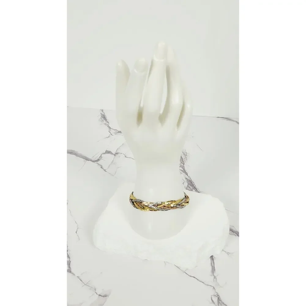 Vintage Tri-Color Braided Herringbone Chain Bracelet Gold Silver Rose 7.5